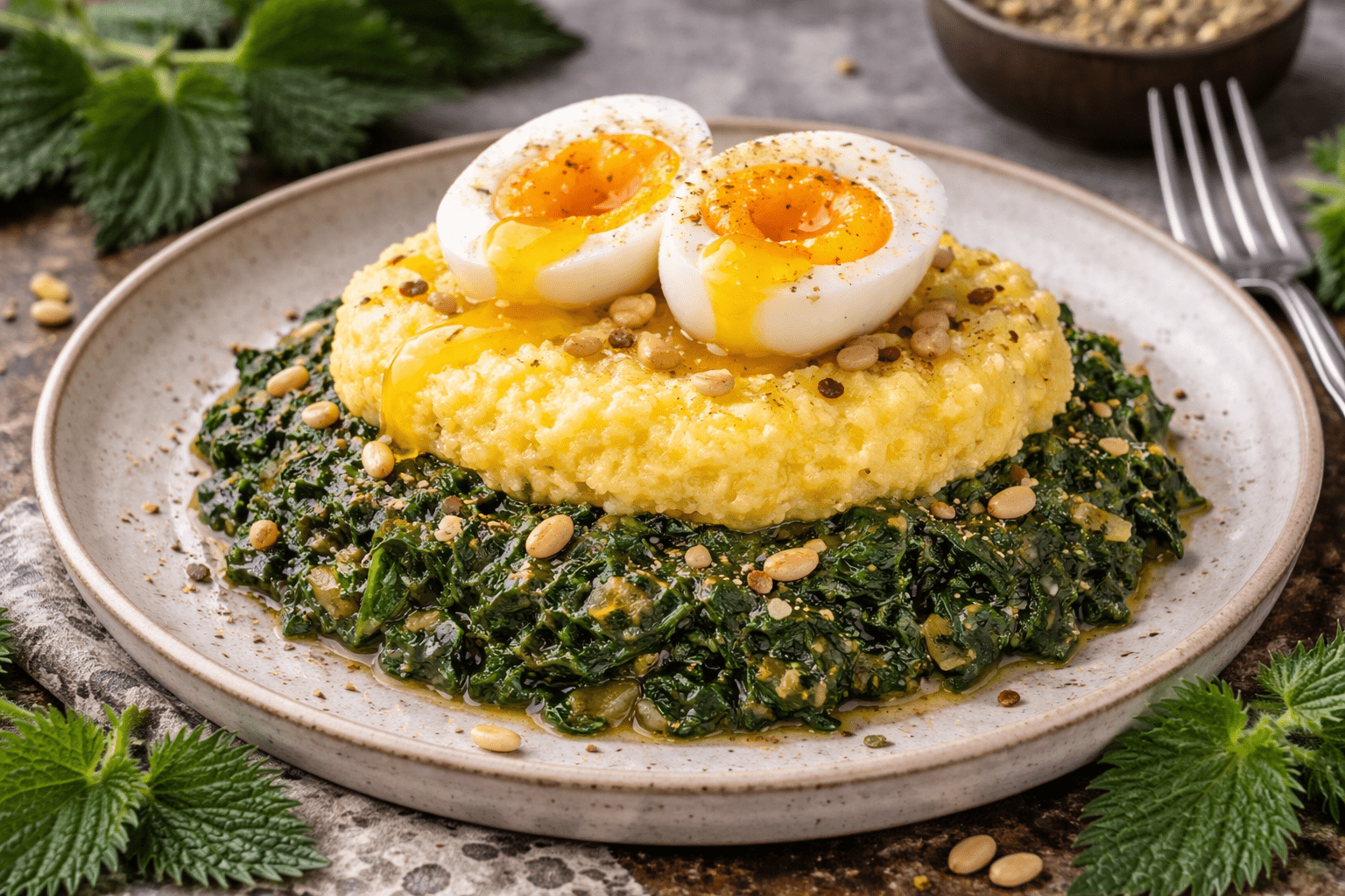 Brennnesselspinat mit Polenta und Ei