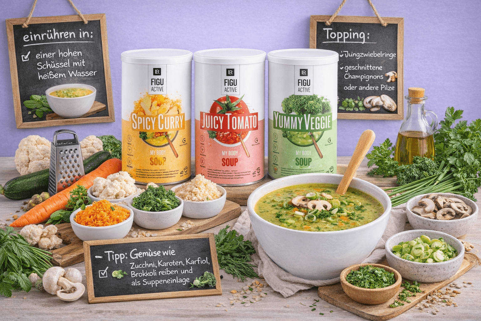 Die veganen Vollwert-Suppen mit hohem Eiweißgehalt und Ballaststoffen sättigen wunderbar und ersetzen eine ganze Mahlzeit.