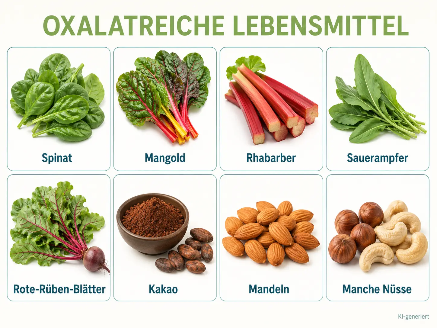 Oxalatreiche Lebensmittel im Überblick(1) Oxalreiche Lebensmittel wie Spinat, Rhabarber, Mangold, Mandeln und Nüsse