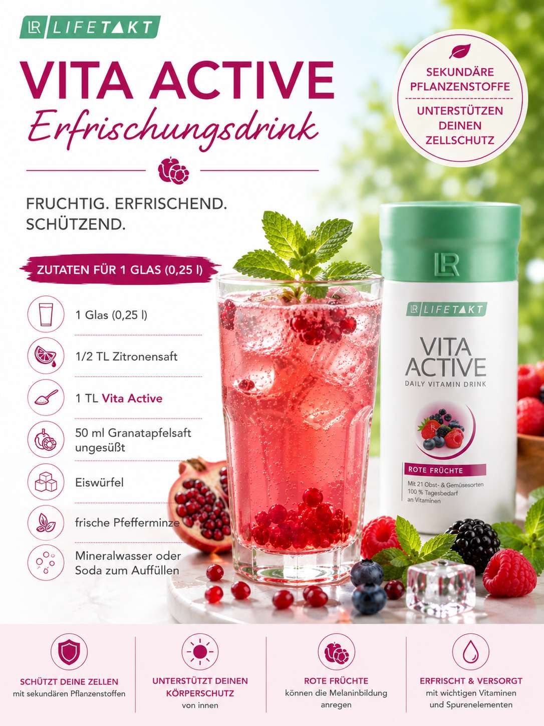 Sommercocktail gesund erfrischend Säfte aufbauend mit Vita Active - Erfrischendes Rezept mit Vita Active 1 Glas 0,25 1/2 TL Zitronensaft 50 ml Granatapfelsaft 1 TL Vita Active Eiswürfel frische Pfefferminze Mineralwasser oder Soda zum Auffüllen