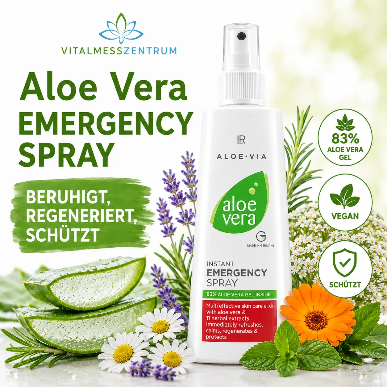 Aloe Vera Emergencyspray First-Spray mit Kräutern und 83 % Aloe Gel