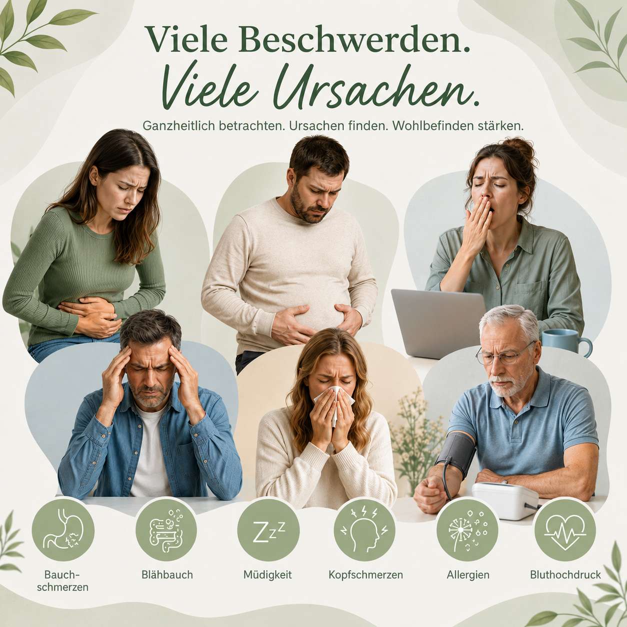 Müdigkeit, Blähbauch, Bluthochdruck, Verdauugn sbeschwerden, Allergien