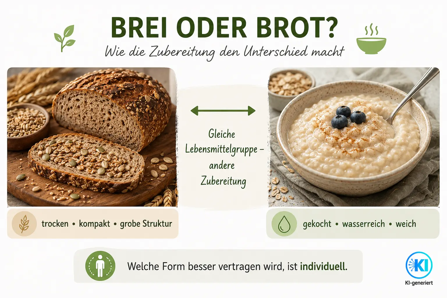 brei_oder_brot Gekochter Getreidebrei kann leichter verdaut werden als Brot bei Getreideunverträglichkeit
