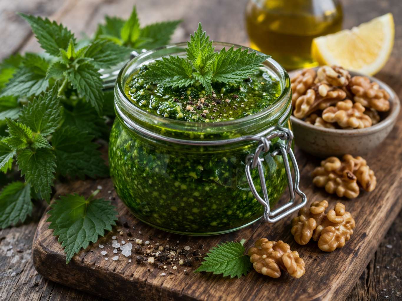 Brennnessel Pesto auf italienische Art mit Walnüssen