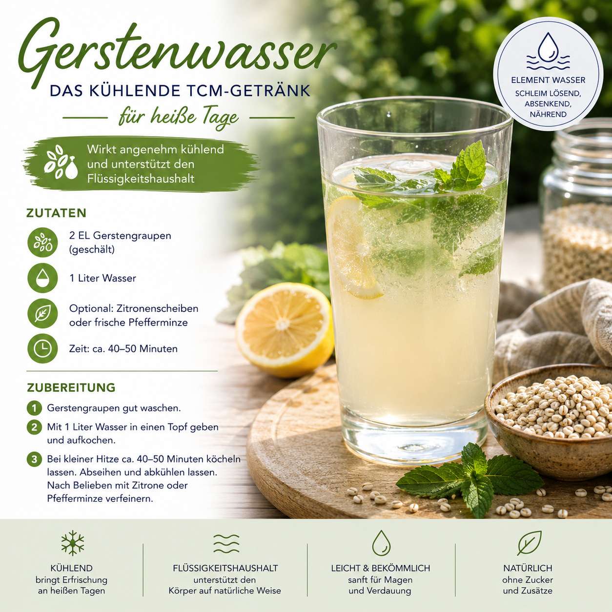 Tipps gegen Hitze: Gerstenwasser gegen Sommer Hitze Rezept Bailey Water