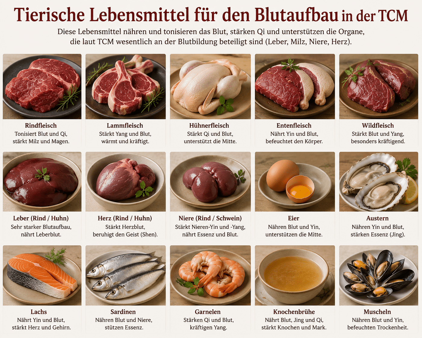 Rotes Fleisch und Inneren aber auch Fisch und Meeresfrüchte gelten als Blutaufbauend und QI stärkend.