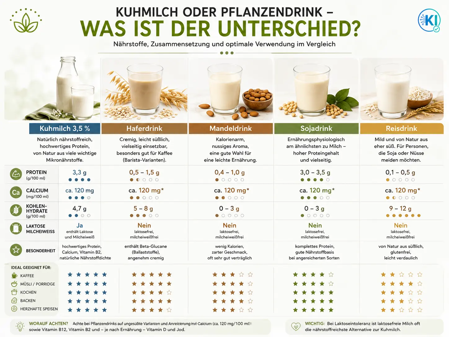 unterschied_milch-vegan Inhaltsstoffe vergleichen von Milch mit Pflanzendrinks