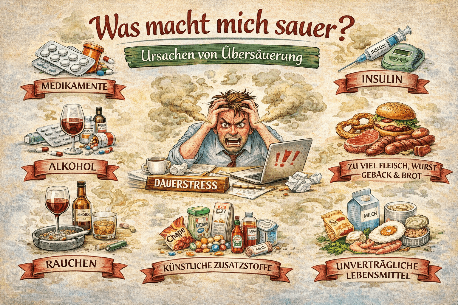 Ursachen von Übersäuerung aufgelistet