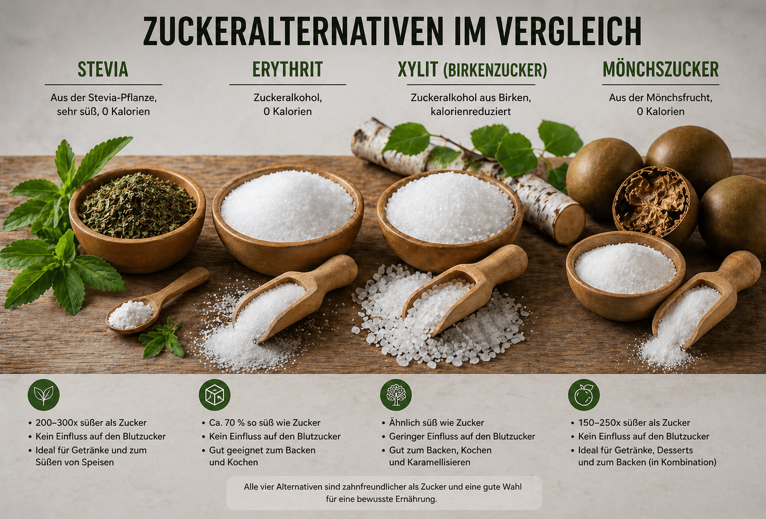 Zuckervergleich Stevia - Erythrit - Xylit - Mönchszucker